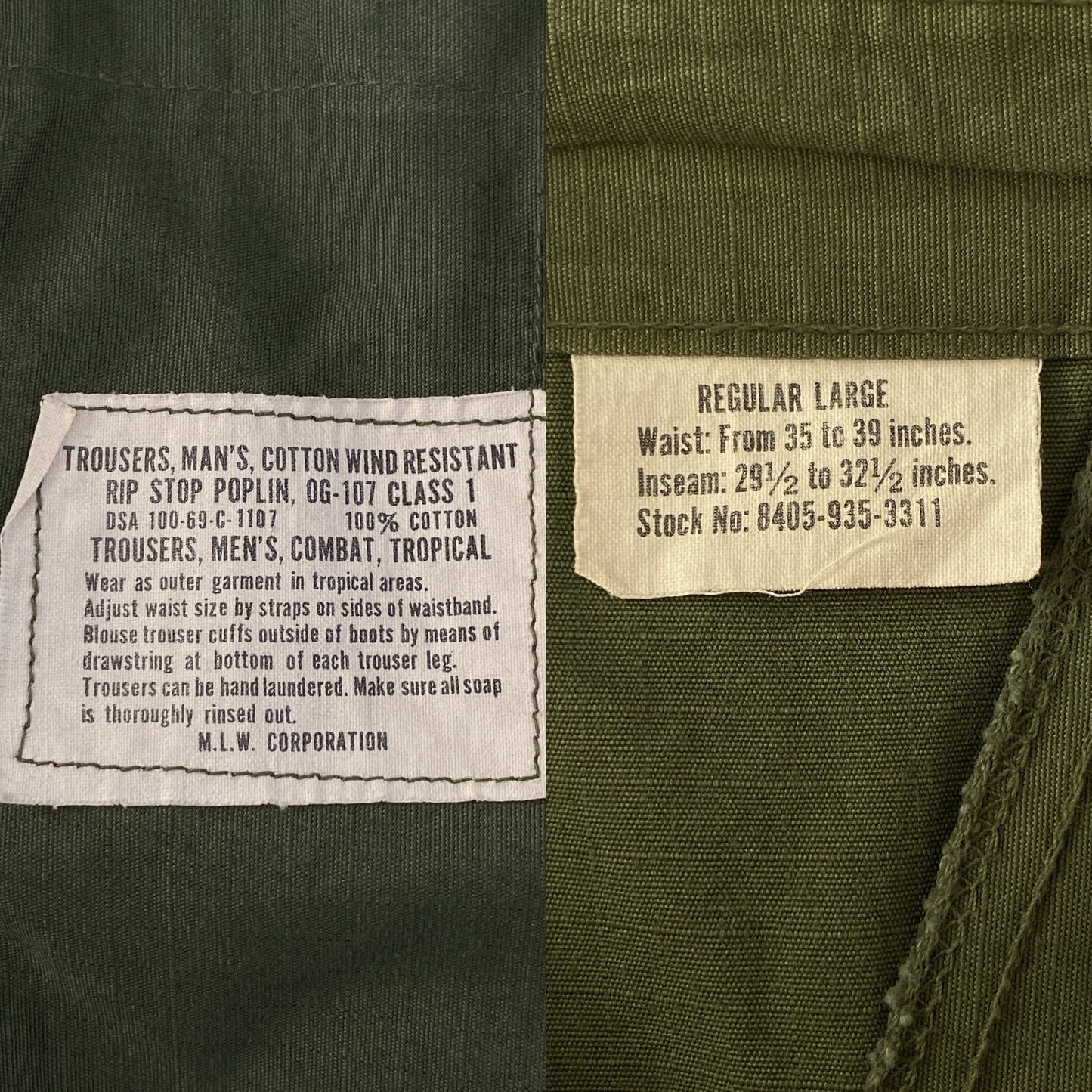 Large Reg. 1968 Authentic US Army Vietnam war era OG-107 jungle pants