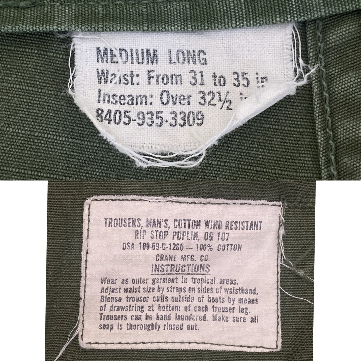 Med long. 1969 Authentic US Army Vietnam war era OG-107 jungle pants