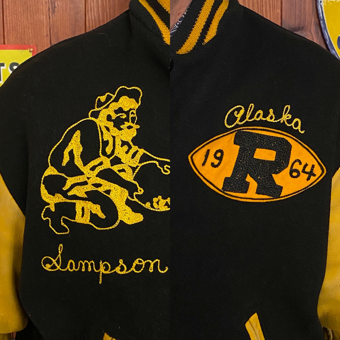 Vintage 1964 varsity jacket from Wainwright, Alaska, size 44 - front view.