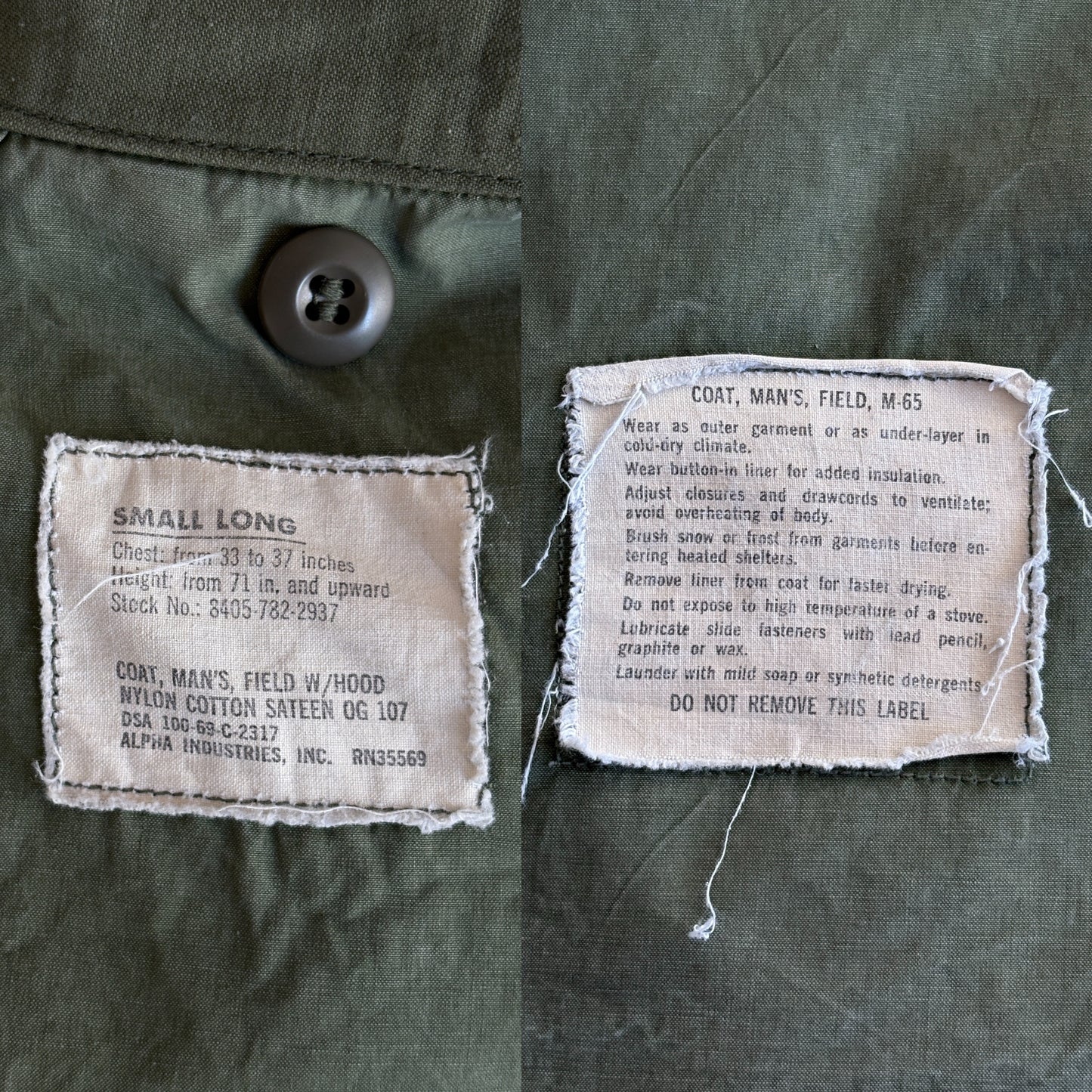 Small Long. Authentic Alpha Industries 1969 US Army M-65 Field Jacket – OG-107 – Vintage Military Issue