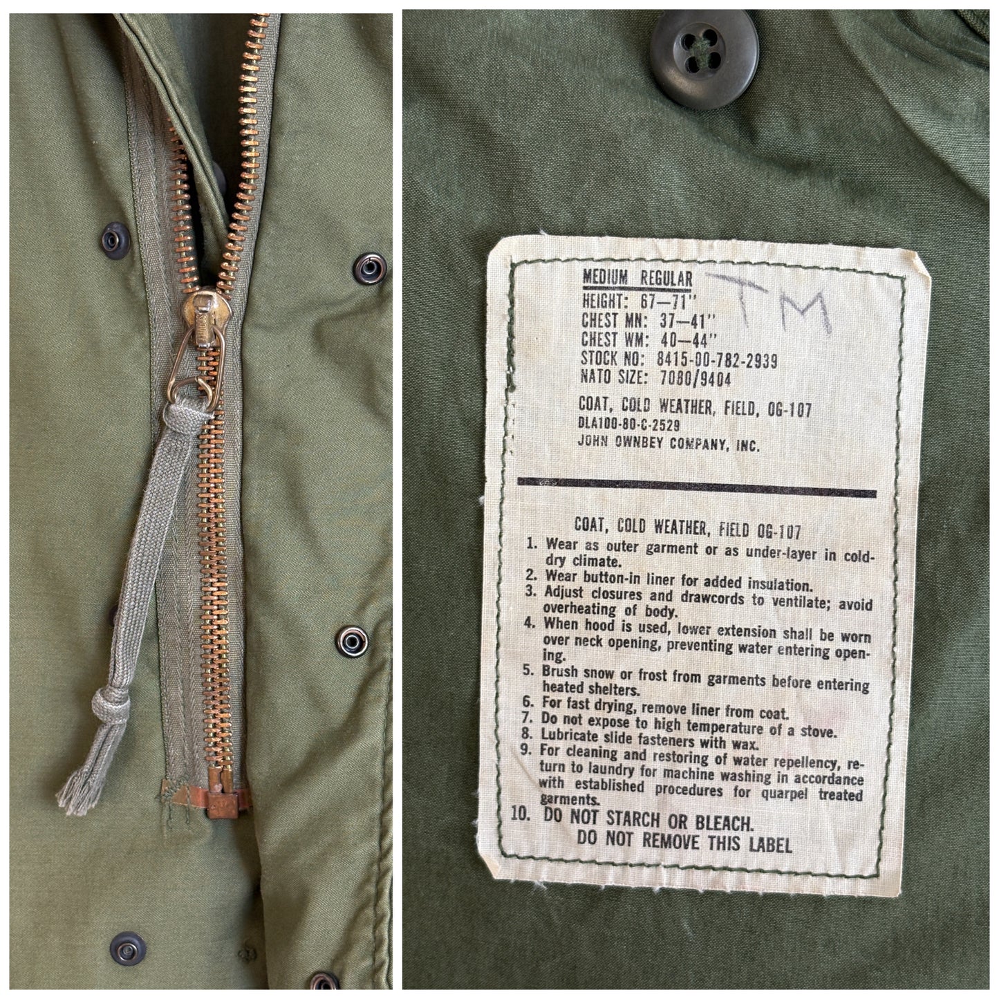 Medium Reg. Authentic 1980 US Army M-65 field jacket Military- Made by John Ownbey