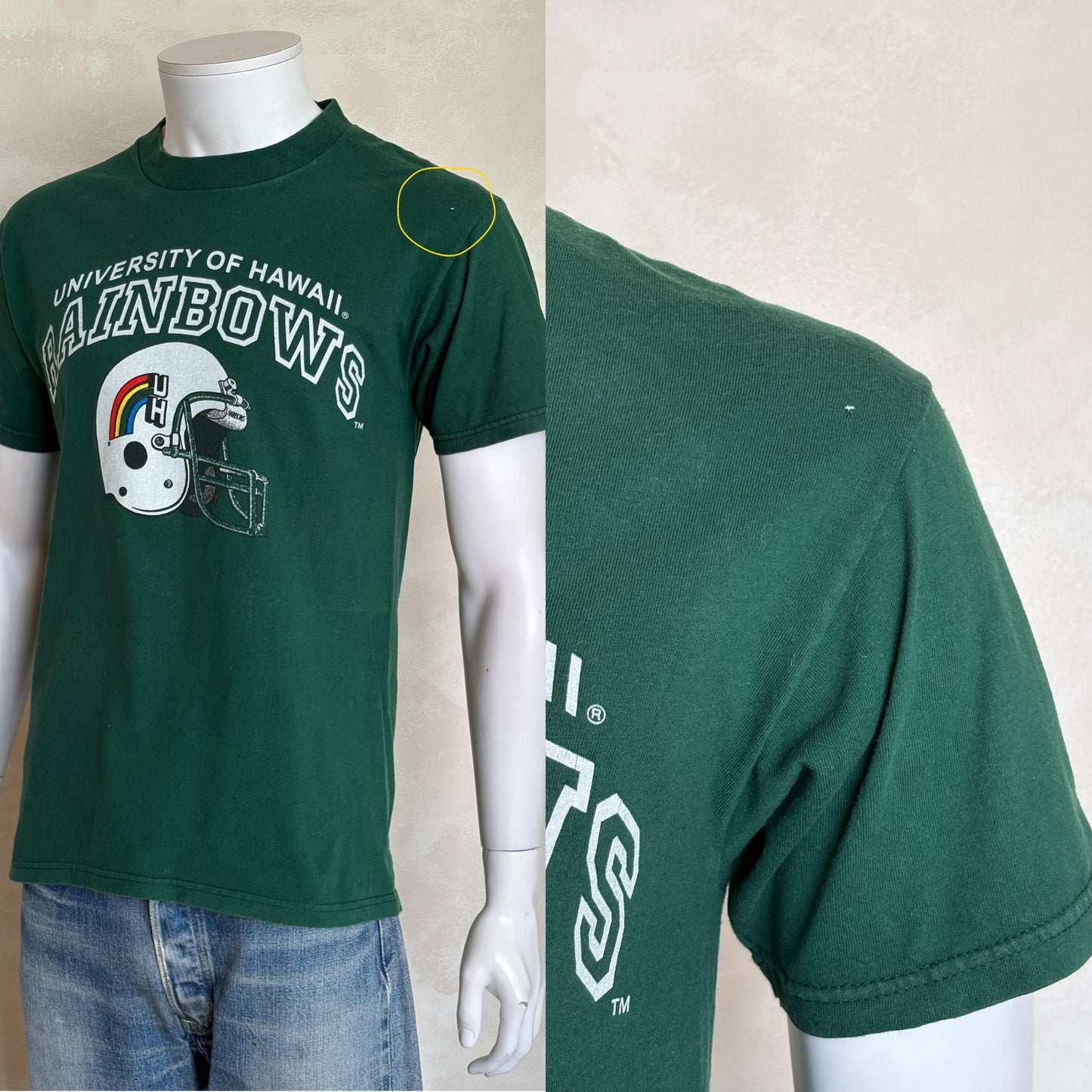Vintage University of Hawaii Rainbows tee – bold NCAA football style with retro rainbow helmet graphic. Med