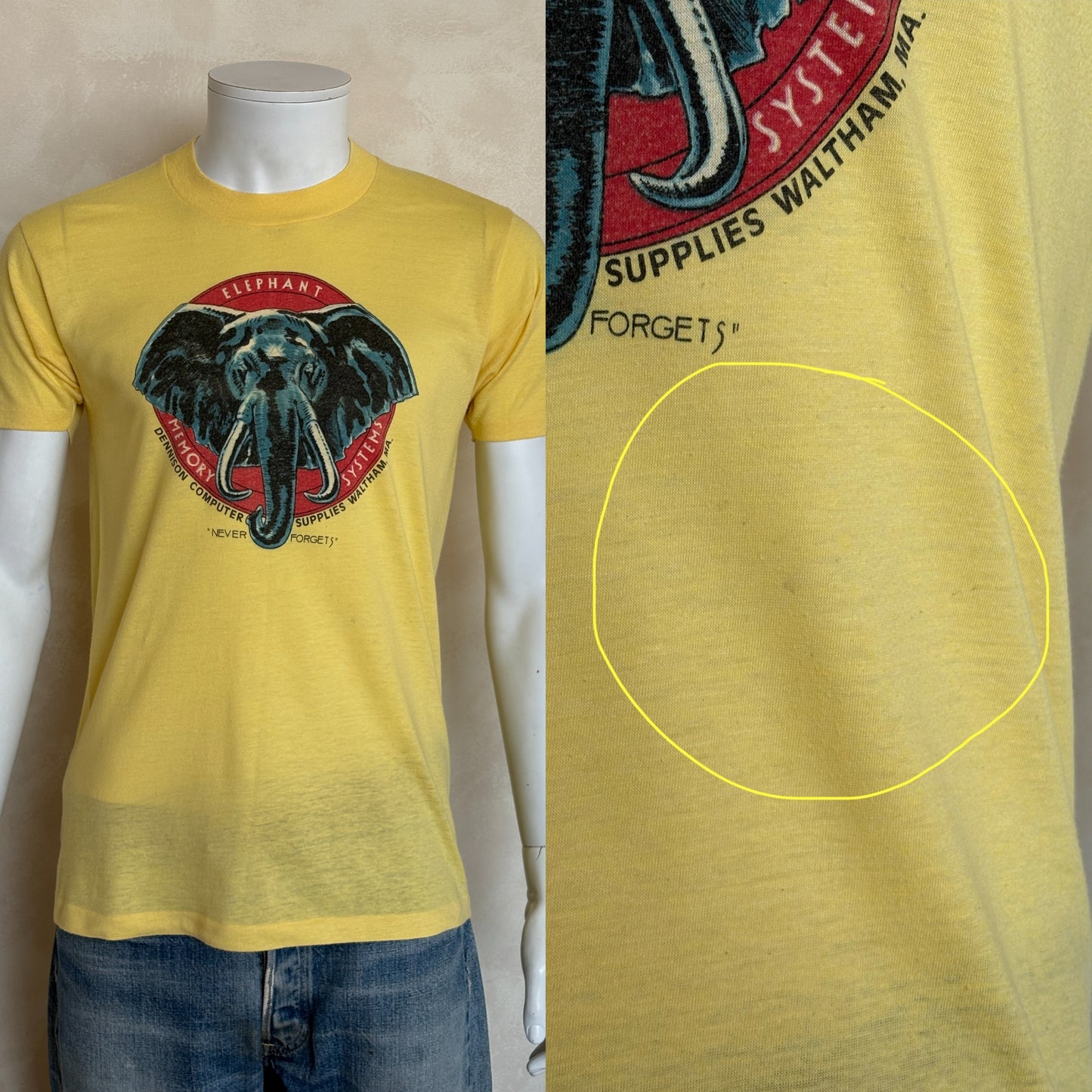 Vintage Elephant Memory Systems tee – rare 80s computer supply promo with classic nerd humor. Med