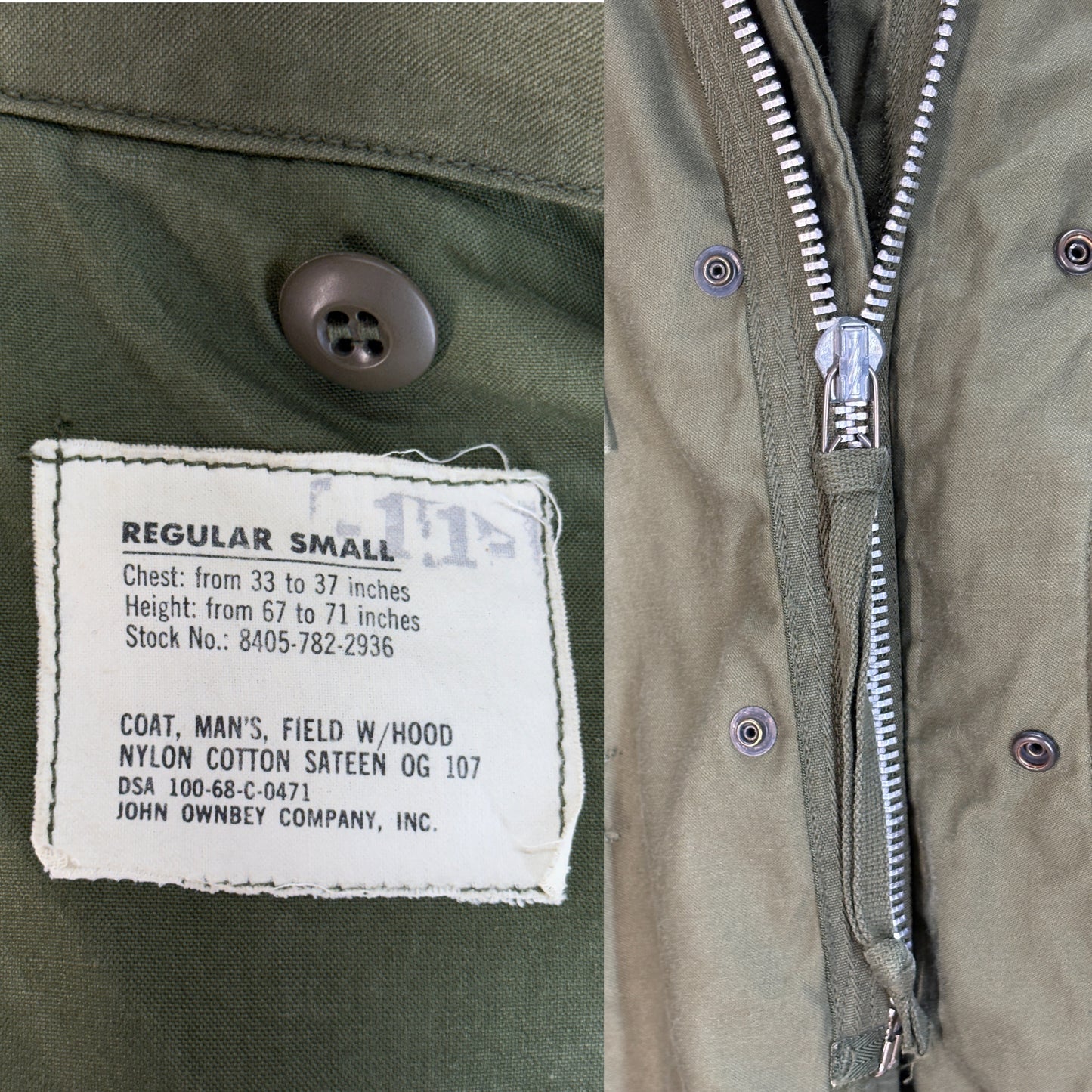 Small Reg. Authentic 1968 US Army M-65 field jacket made by John Ownbey.  Military