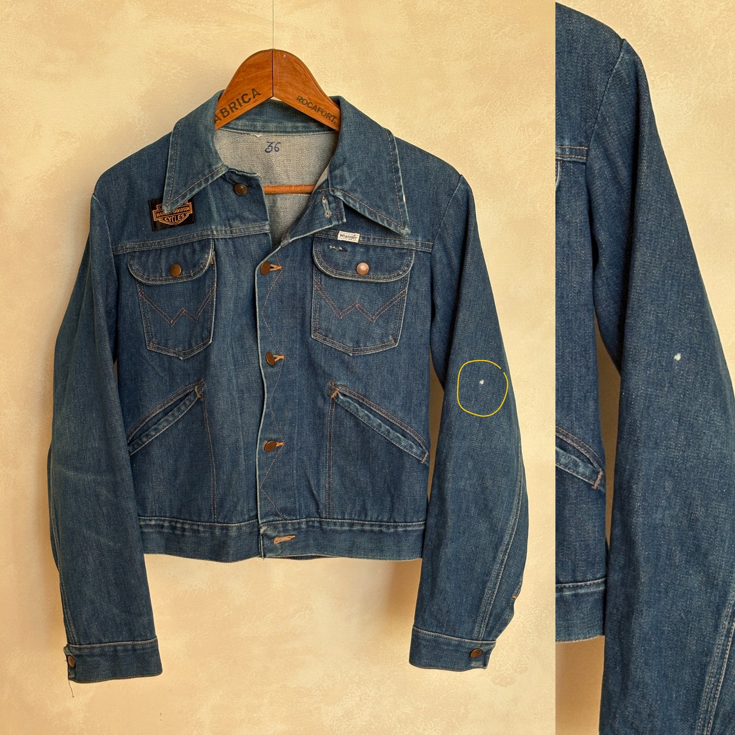 Size 36US / 46EU . Vintage 80s Wrangler Denim Jacket – 4 Pockets – Made in USA -Harley patch-