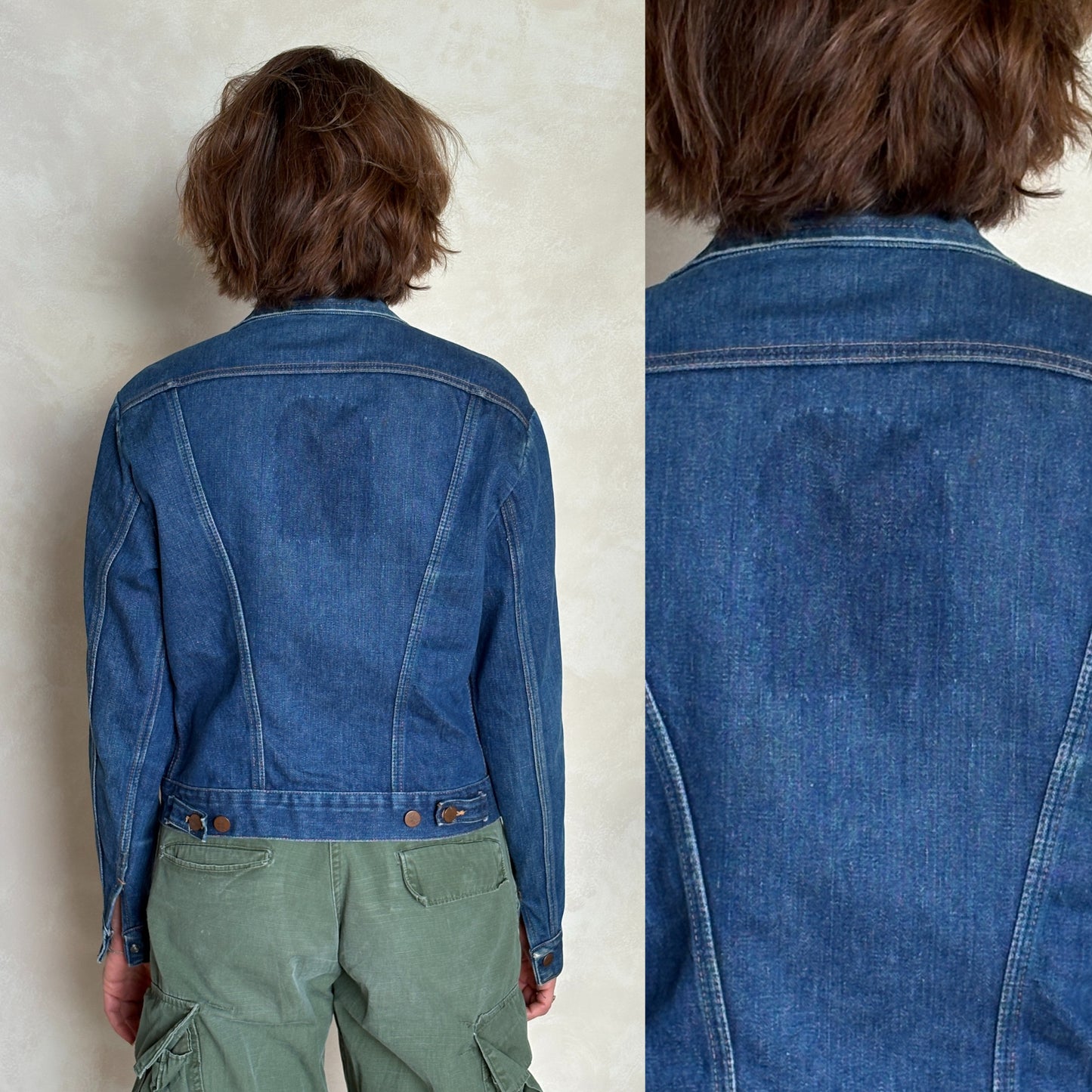 Size 36US / 46EU . Vintage 80s Wrangler Denim Jacket – 4 Pockets – Made in USA -Harley patch-