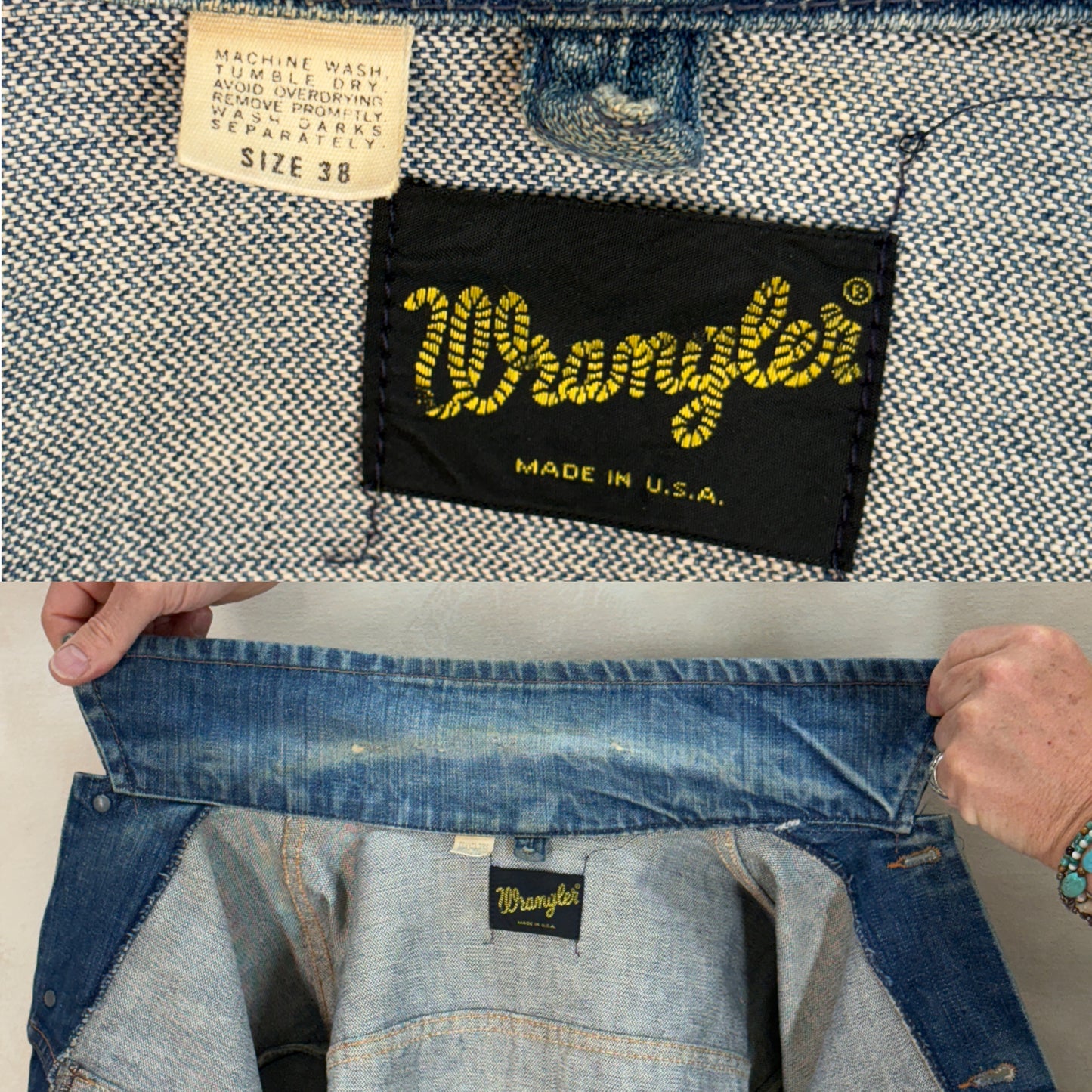 Size 38US / 48EU. Original 70s Wrangler denim jacket with painted back – Made in the USA