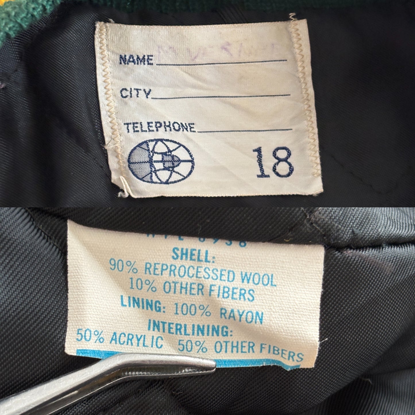 Size 18. Green Vintage 70s varsity jacket Made in USA