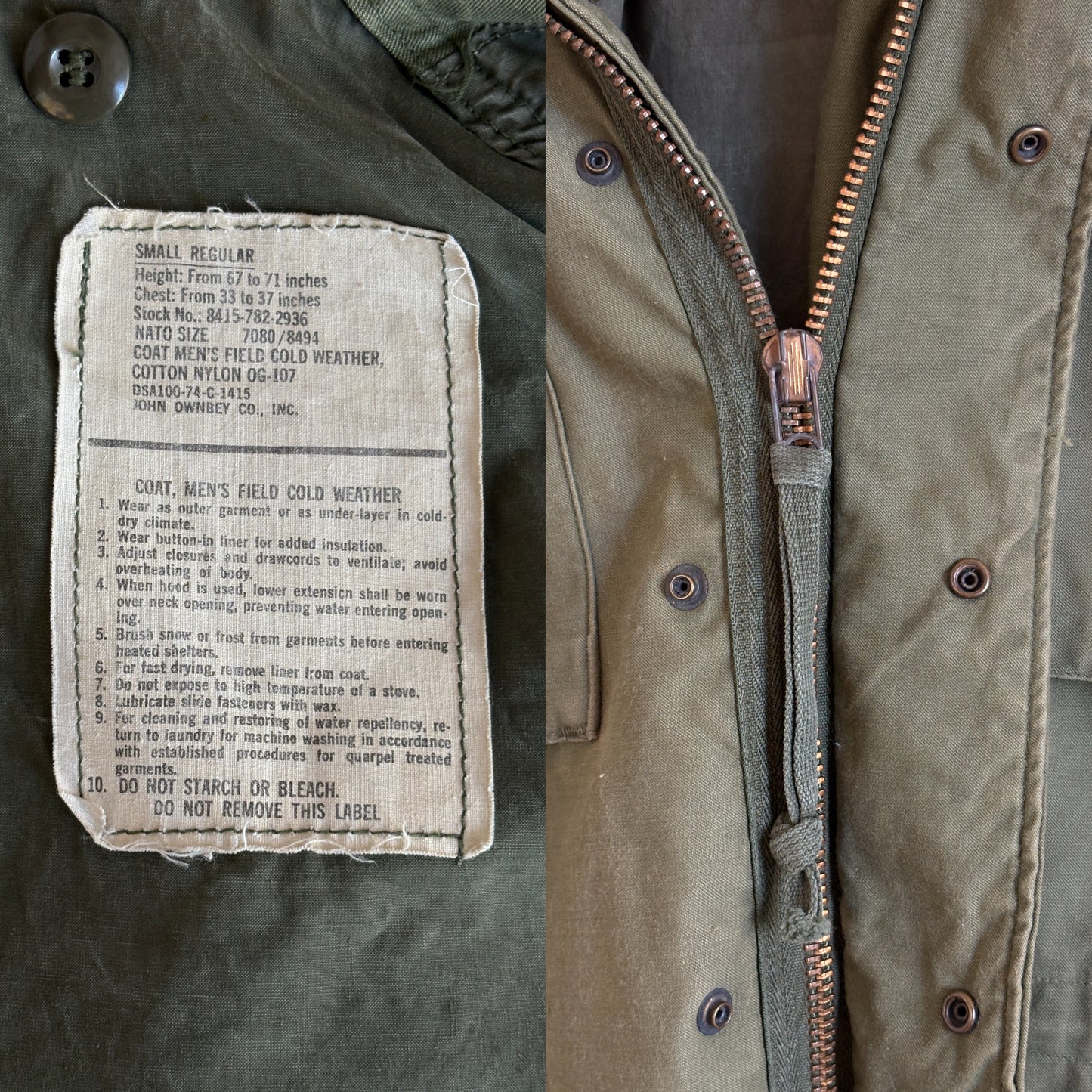Small Reg.  Authentic John Ownbey 1974 US Army M-65 Field Jacket – OG-107 – Vintage Military Issue
