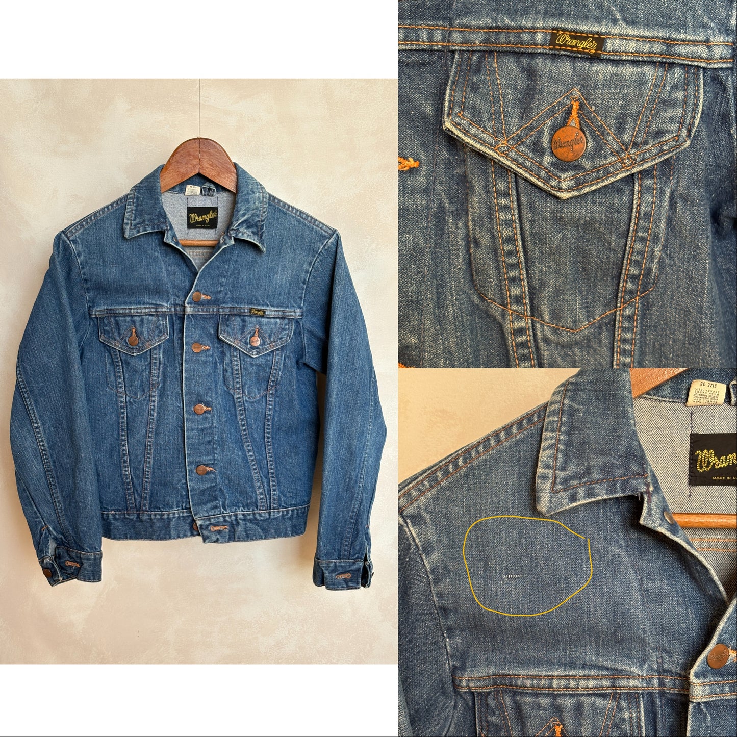 Size 36US /46EU. Vintage 70s Wrangler Denim Jacket – 2 Pockets – Made in USA