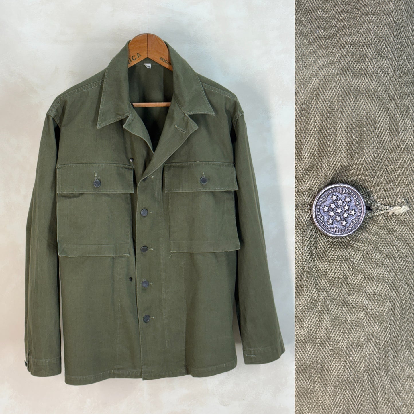 Size 38 Reg ( Med/ Large) Authentic WWII US Army HBT Shirt – M1942 – 13 Star Buttons – Gas Flap – WW2 Vintage