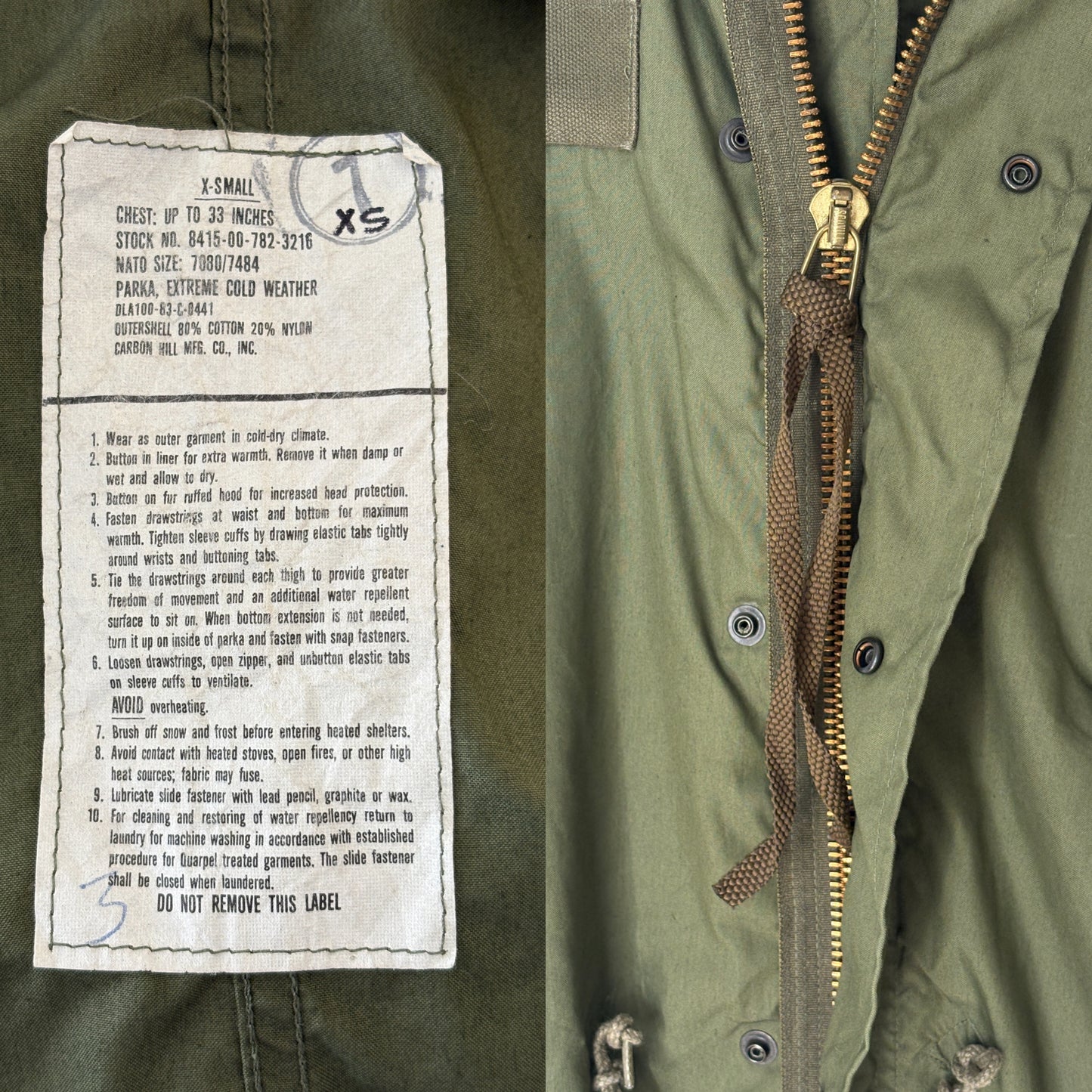X Small . Authentic 1983 US Army M-65 fish tail parka  – OG-107 – Vintage Military Issue