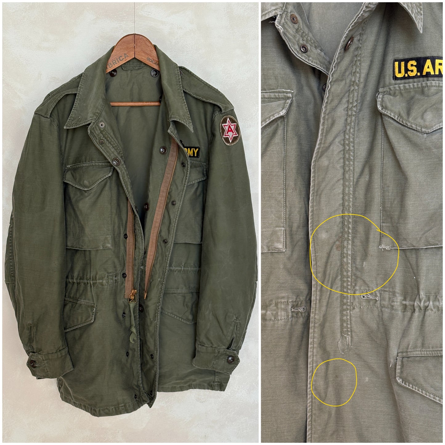 Med Long. Authentic 5th Army Vintage US Army M-51 OG-107 jacket. Military