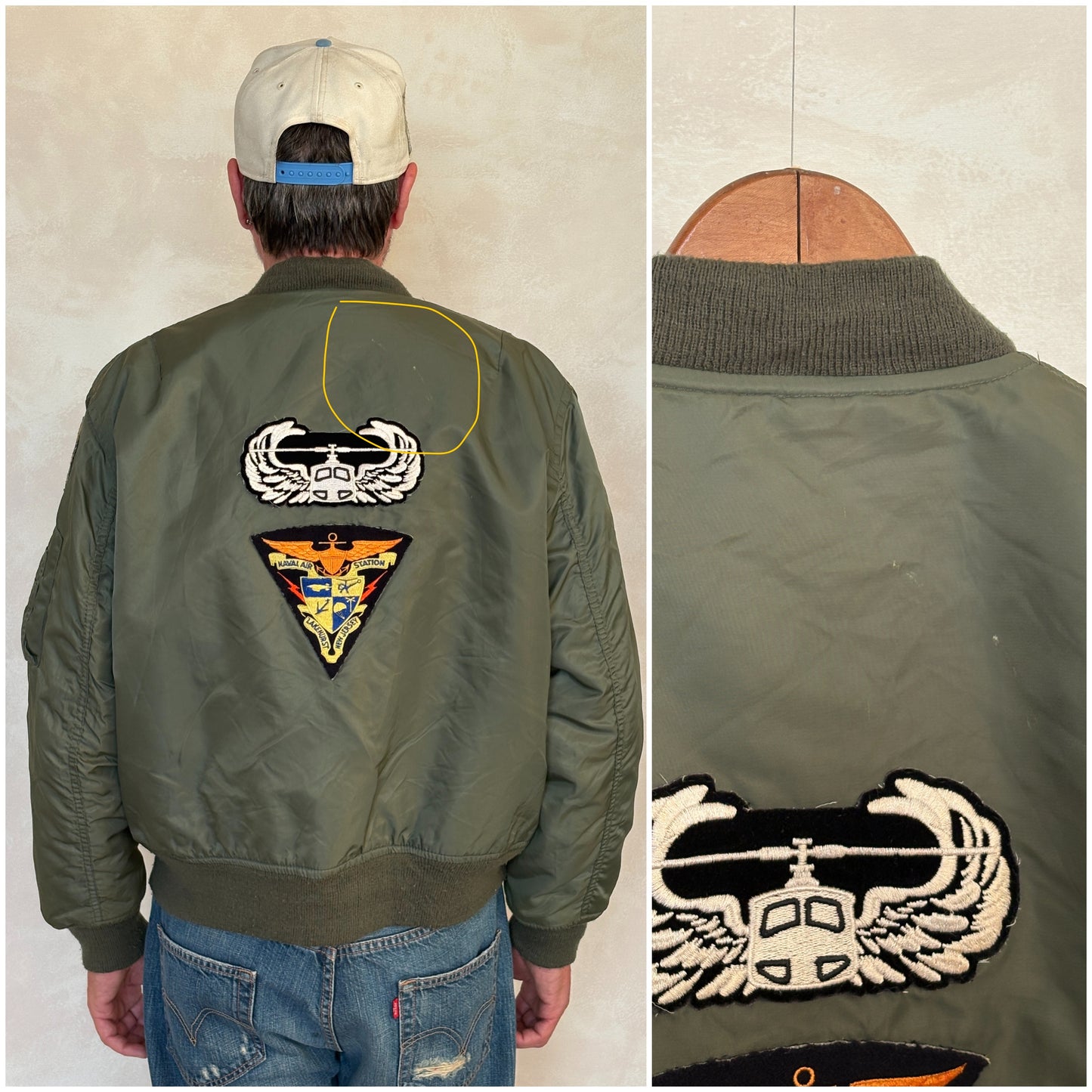 Large . Patched  MA1 jacket, flying intermediate  type MA-1 Made in USA