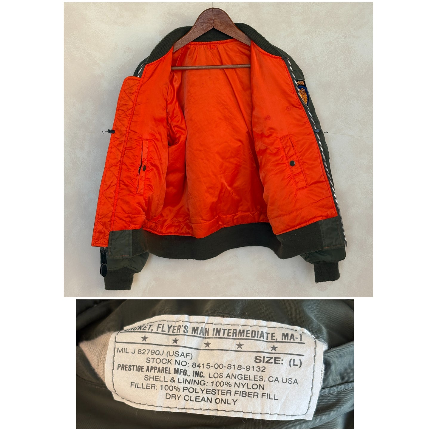 Large . Patched  MA1 jacket, flying intermediate  type MA-1 Made in USA