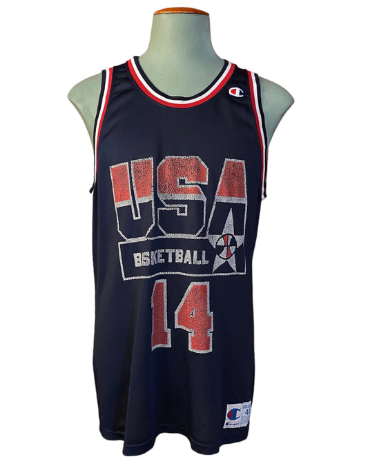 Vintage distressed 90s USA Team Champion NBA jersey with player Mourning #14, size 48 - front view.
