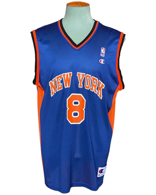 Vintage 90s Champion New York Knicks Latrell Sprewell #8 NBA jersey, size 44 - front view.