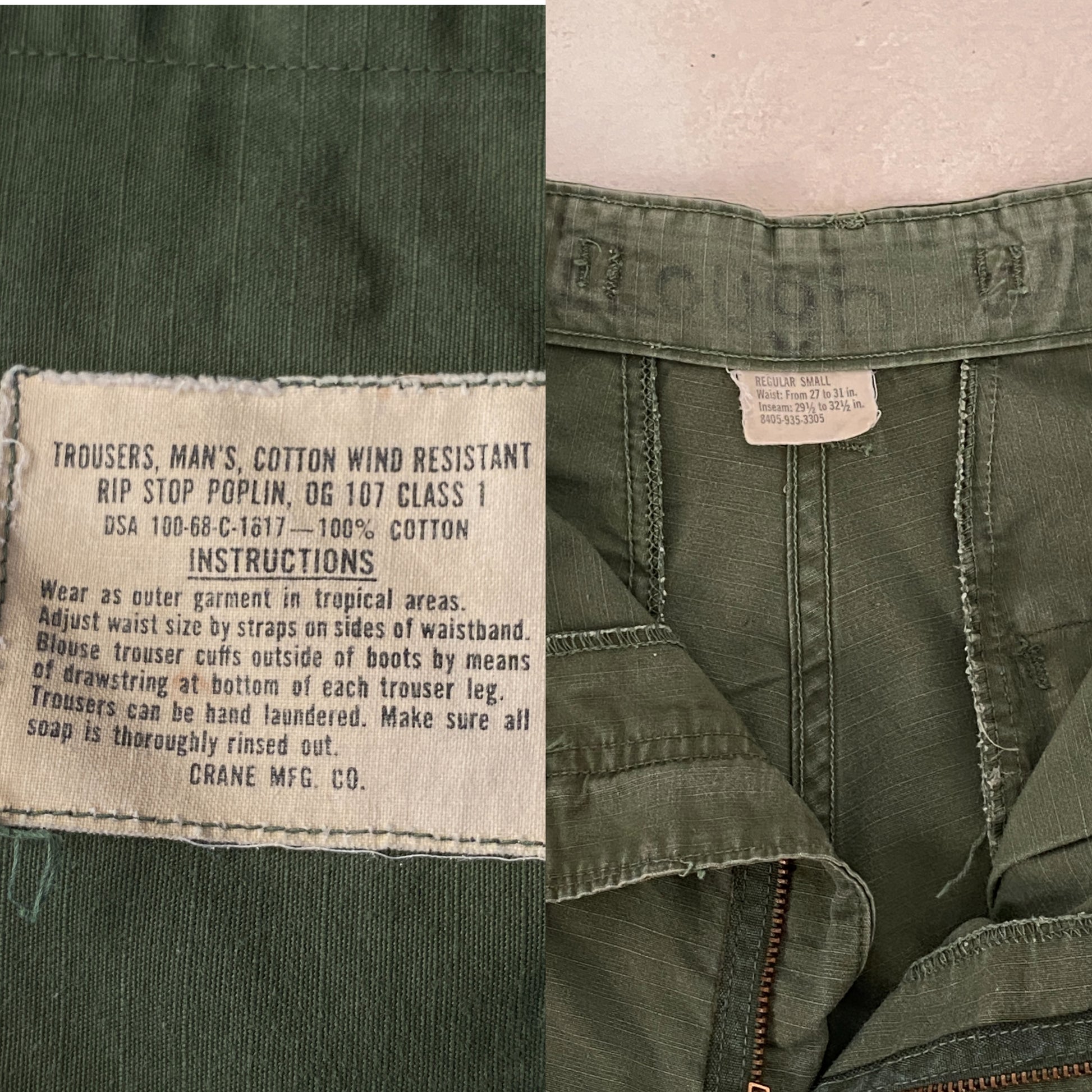 1968 authentic US Army Vietnam War era OG-107 jungle pants, size Small Regular.