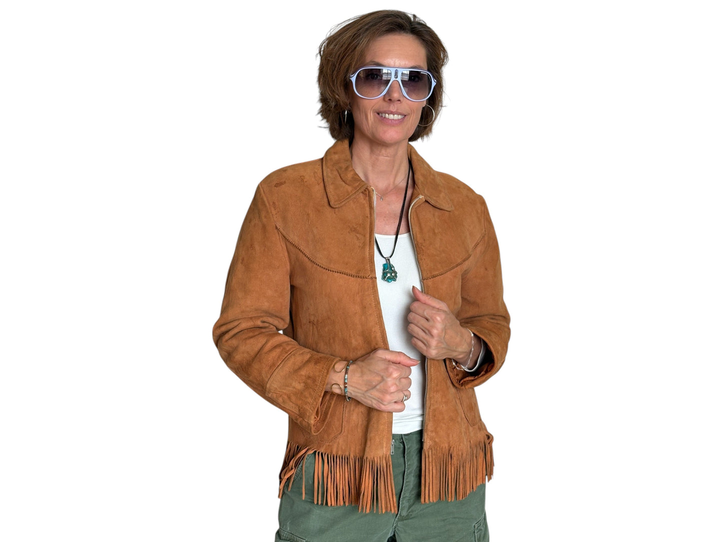60s Distress women western suede fringe jacket Size 38US