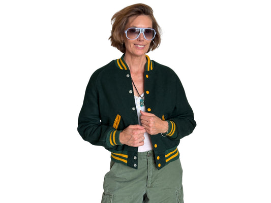 Size 18. Green Vintage 70s varsity jacket Made in USA