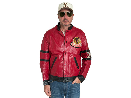 Size 42US / 52EU Vintage 1970s Sunbeam Varsity Leather Jacket — Red & Black Canadian Sports Bomber —