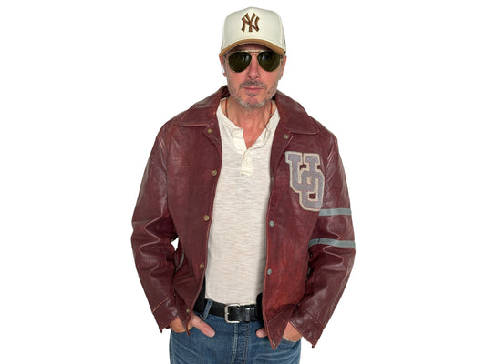 Size 44US / 54EU Vintage University of Ottawa Varsity Jacket — Maroon Leather Bomber — Canadian College Jacket 1970s