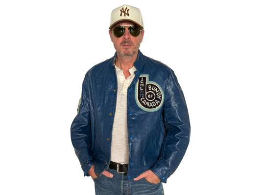 Size 44US / 54EU  Vintage 1970s Bundy of Canada Hockey Jacket — ICHL 71-72 Varsity Leather Bomber — Rare Canadian Sports Collectible