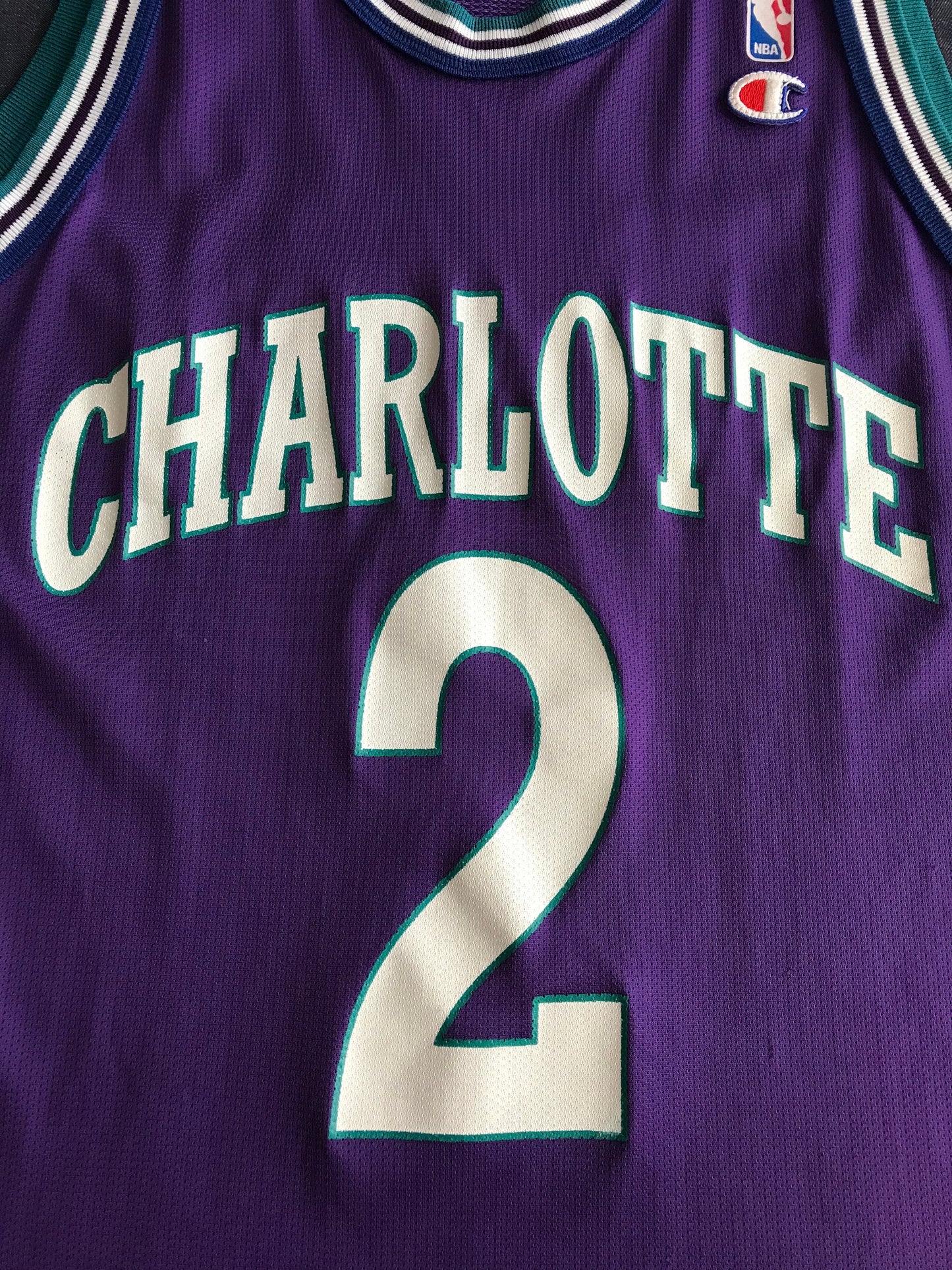 Rare Vintage Champion NBA Charlotte Hornets L. Johnson #2 Basketball Jersey with Iron-On NBA Logo