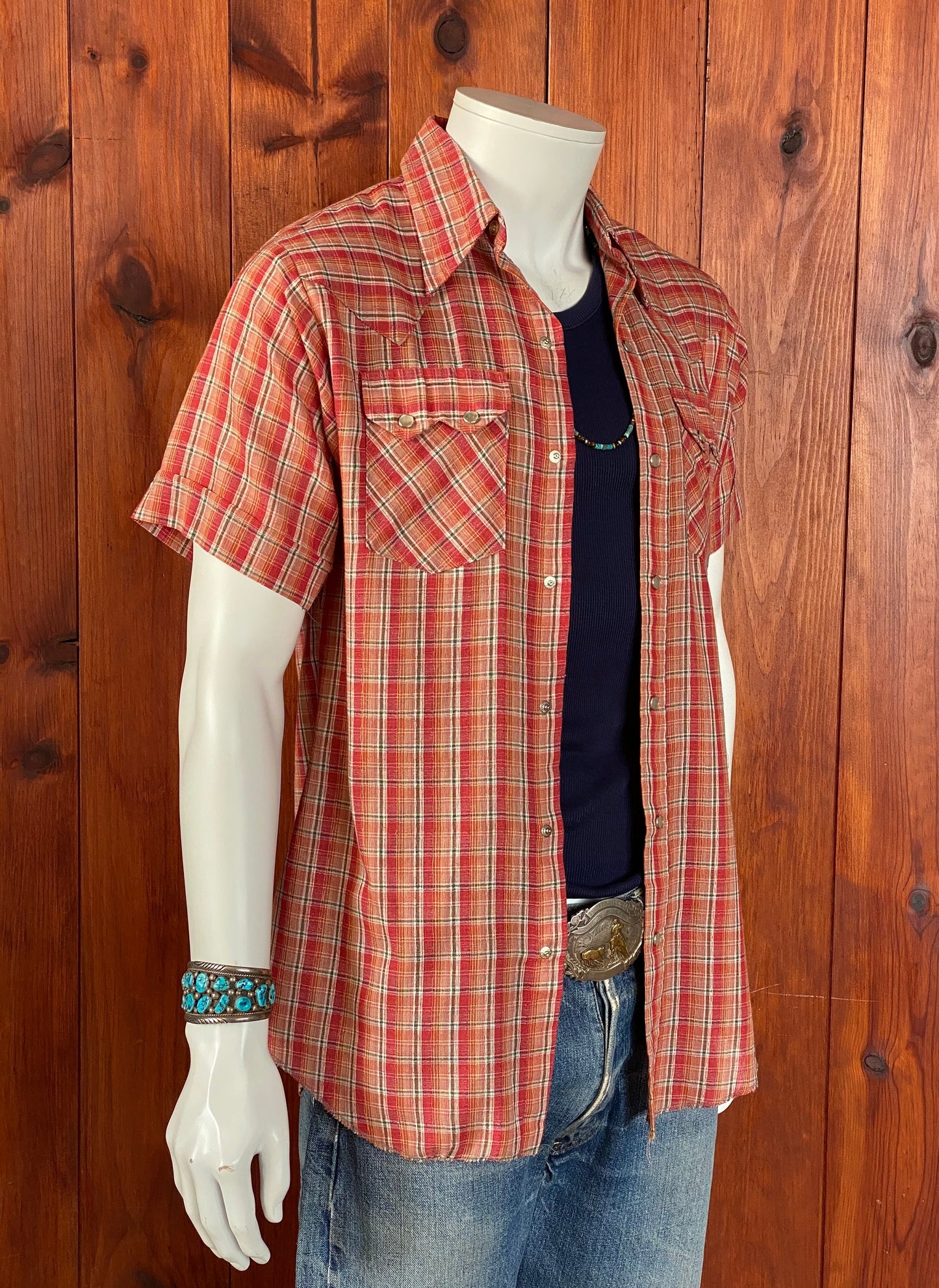 Size Med. Made In USA Vintage 70s plaid western shirt Made by Dee-Cee.