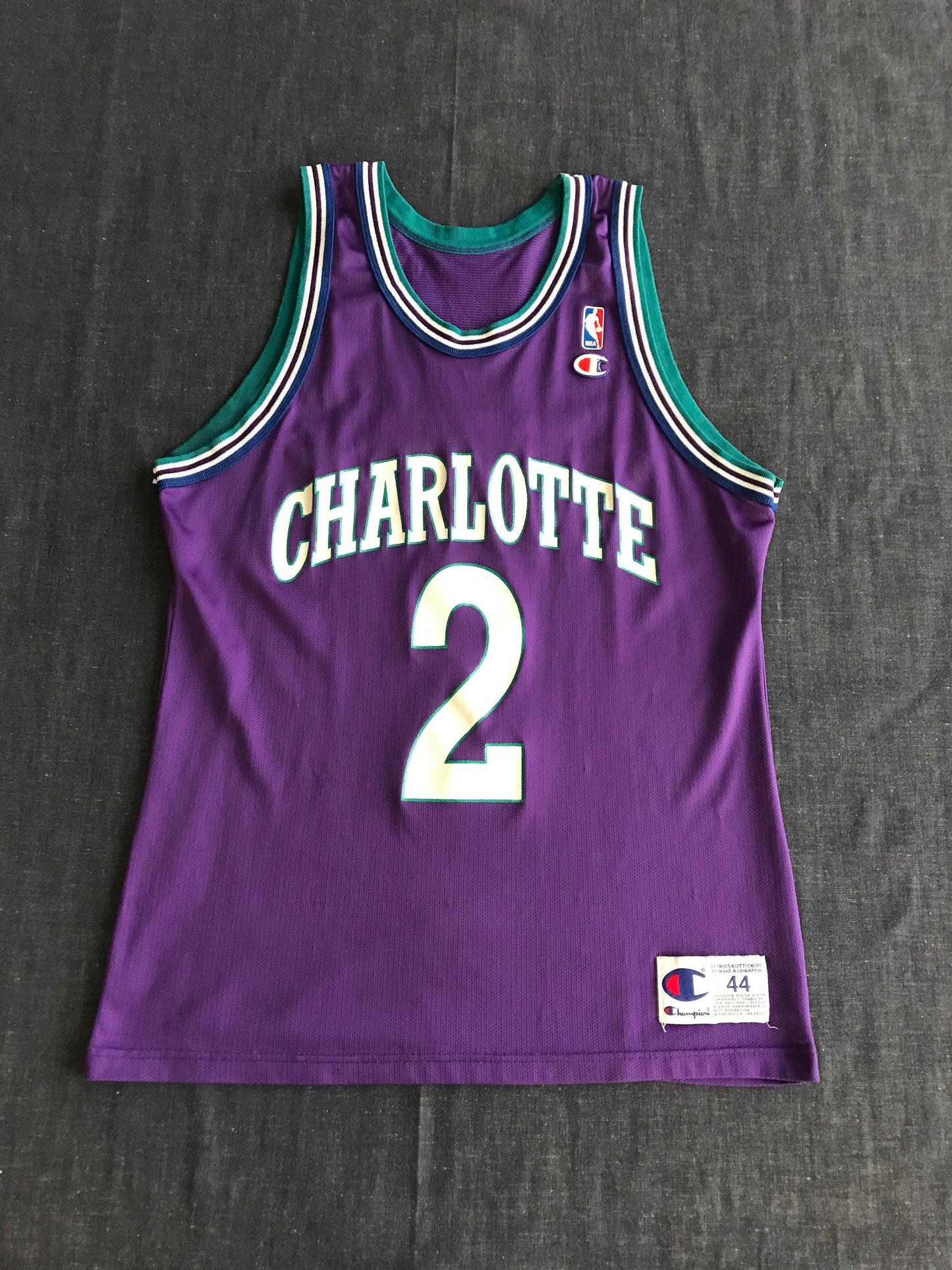 Rare Vintage Champion NBA Charlotte Hornets L. Johnson #2 Basketball Jersey with Iron-On NBA Logo
