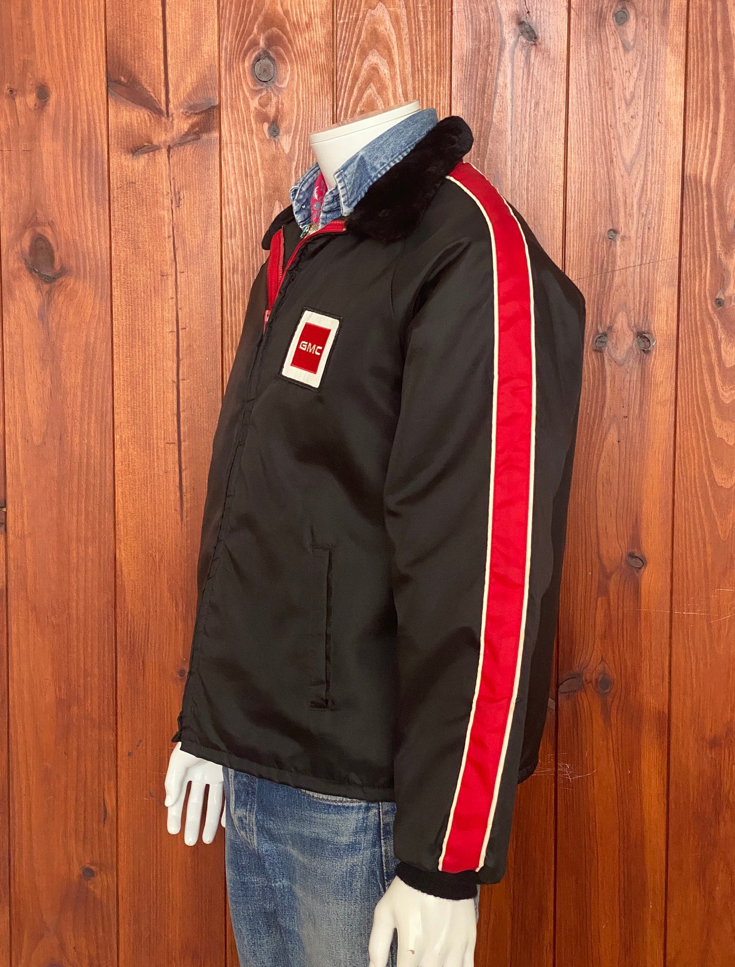 Size XL. Vintage satin GMC quilted racing jacket Made in USA by Horizon sportswear