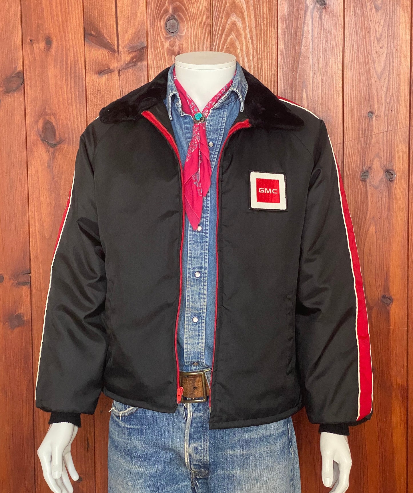 Size XL. Vintage satin GMC quilted racing jacket Made in USA by Horizon sportswear