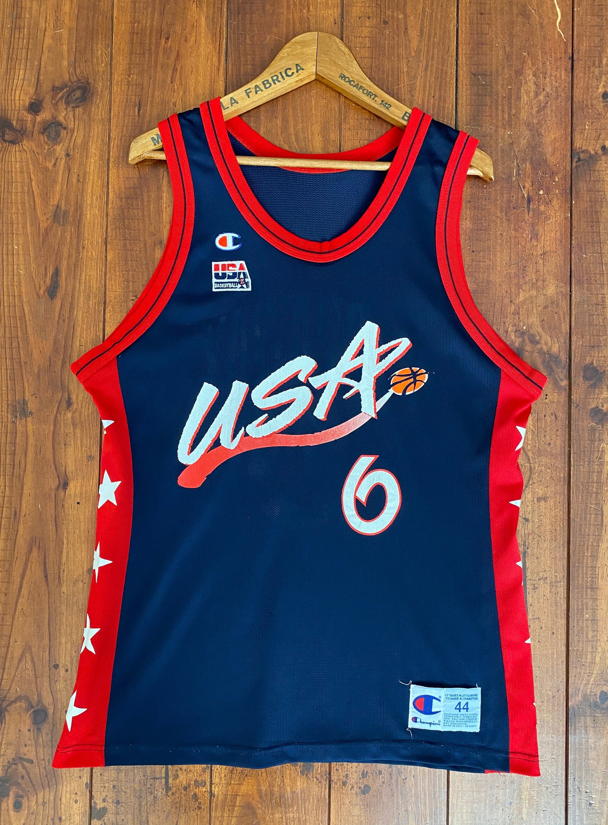 Vintage 90s USA Team Hardaway #6 NBA jersey, size 44 - front view. Proudly made in USA by Champion.