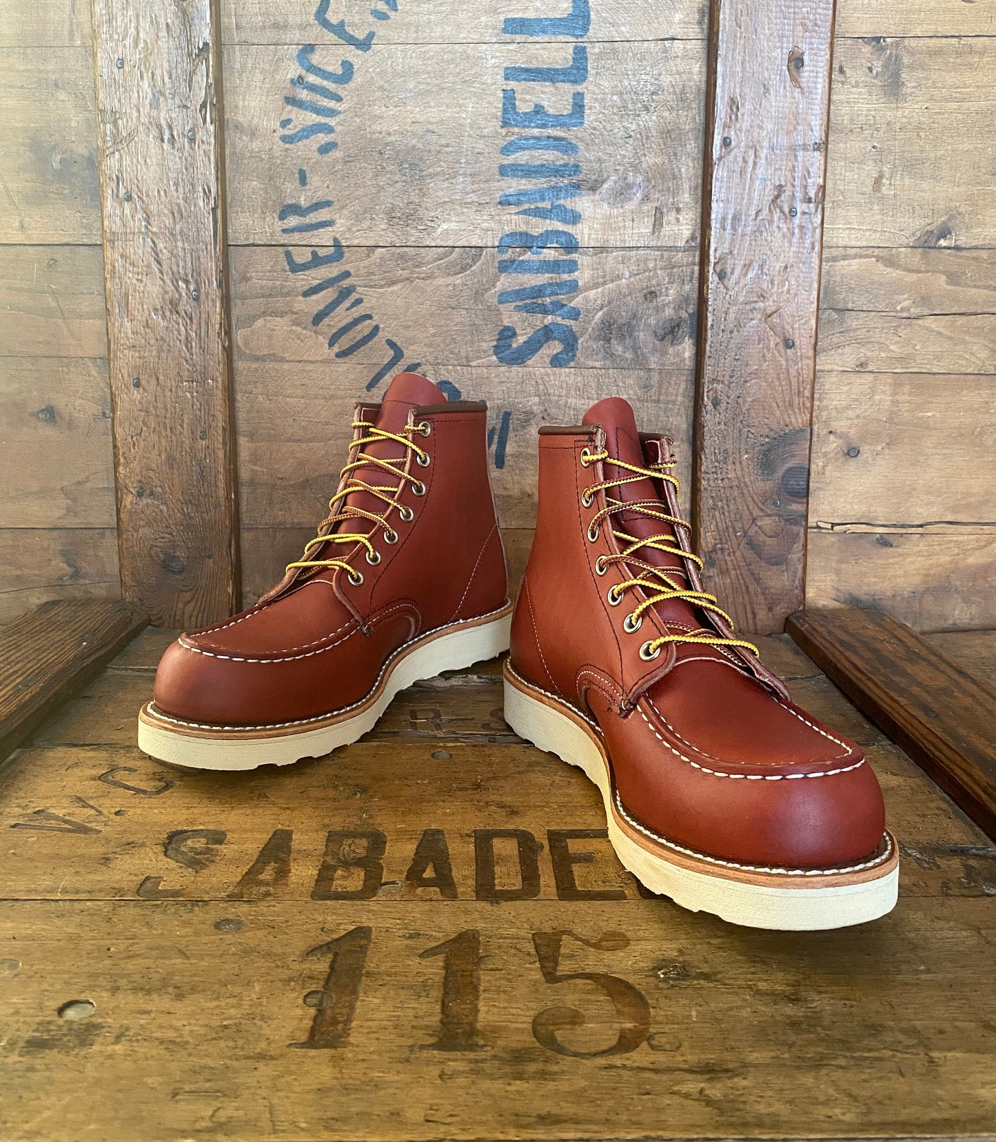 Red Wing 8131 Moc Toe Oro Russet Boots, size 6.5D (38.5 Euro) - front view. Made in USA. Factory seconds.