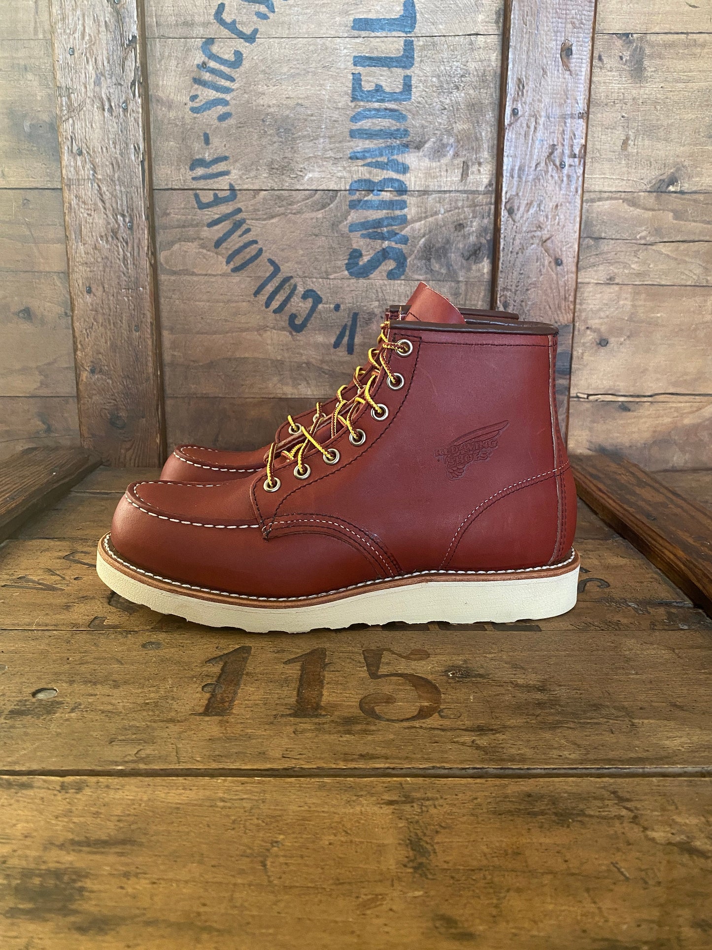 Red Wing 8131 Moc Toe Oro Russet Boots, size 6.5D (38.5 Euro) - front view. Made in USA. Factory seconds.
