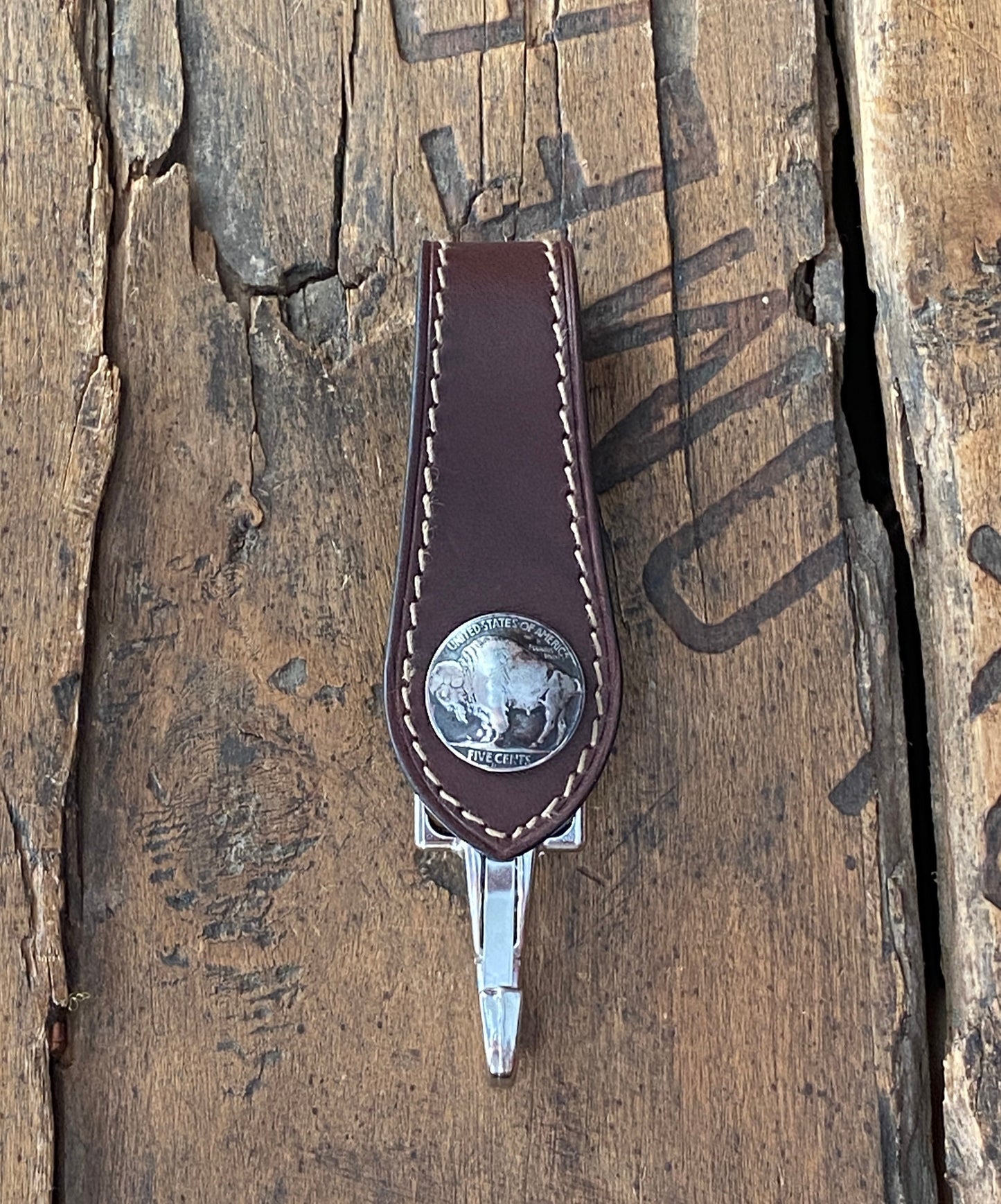 Vintage buffalo nickel Brown Leather key holder hand made in Barcelona