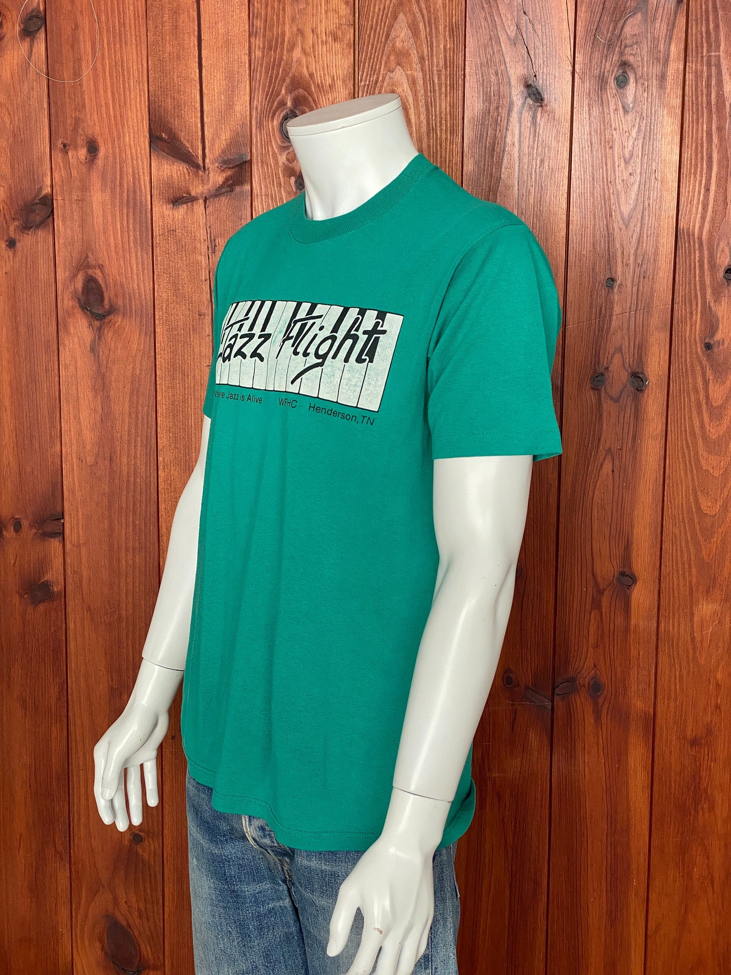 Large. Vintage 50/50 cotton 80s Jazz Flight  t shirt Made In USA