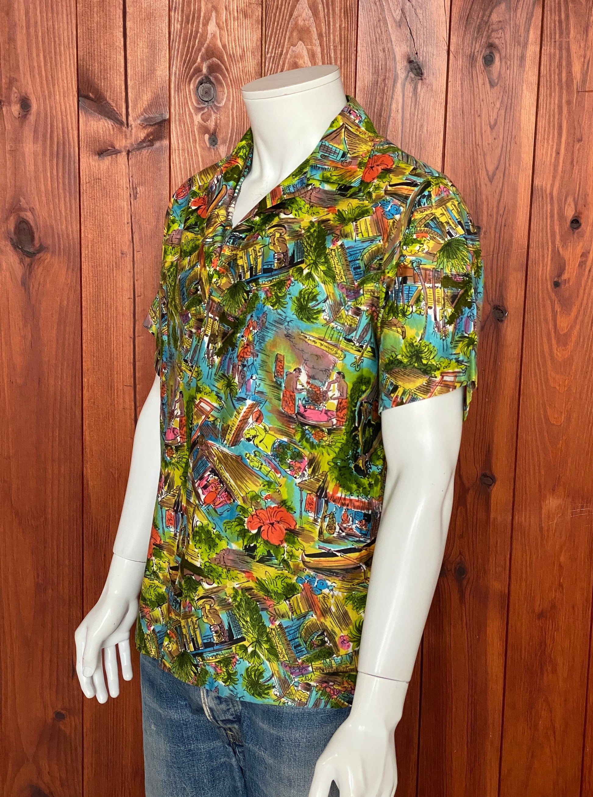 Medium Size Vintage 60s Hawaiian Satin Cotton Shirt, Made in Hawaii for Diamond Head - Island Collectible