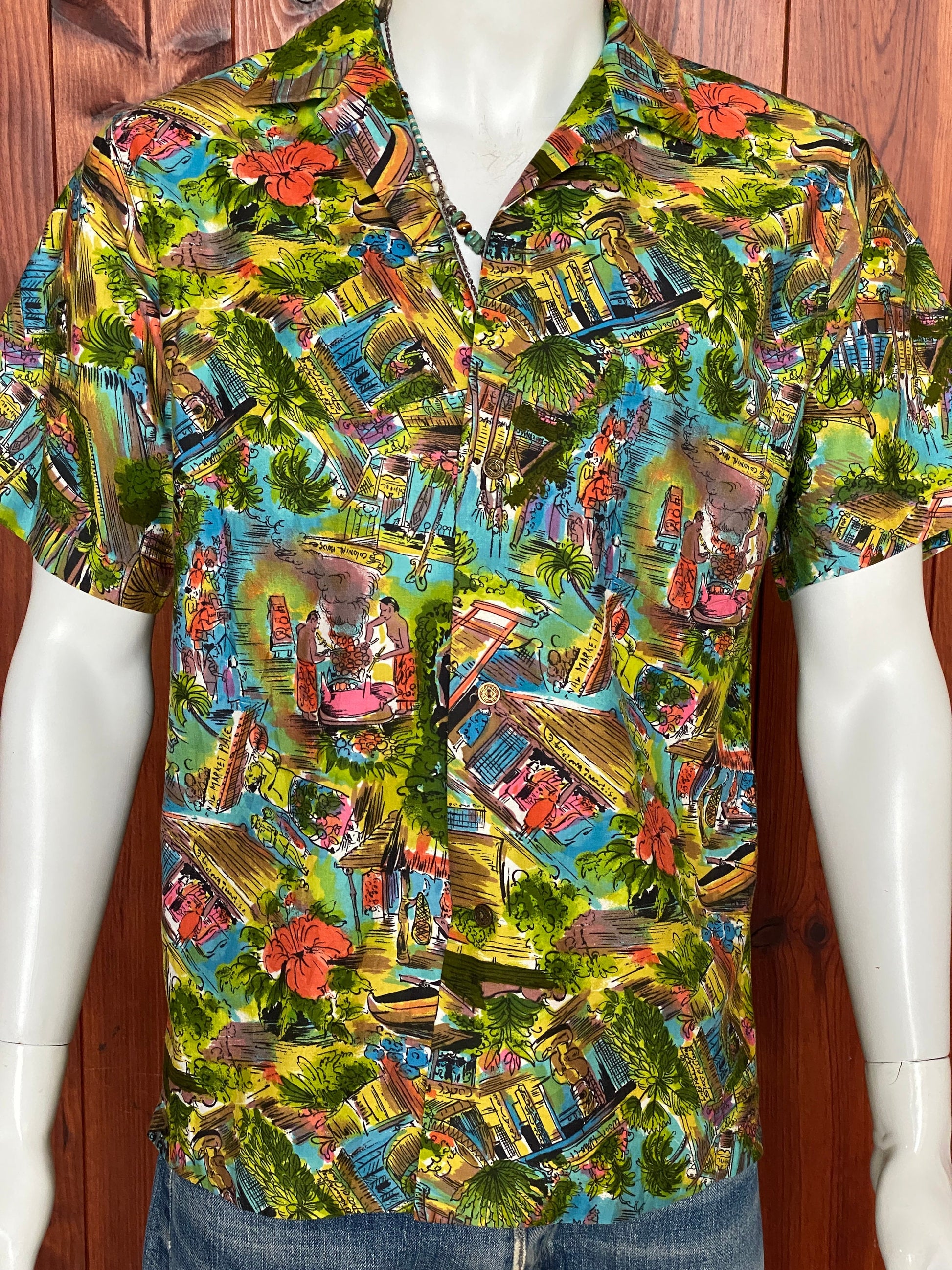 Medium Size Vintage 60s Hawaiian Satin Cotton Shirt, Made in Hawaii for Diamond Head - Island Collectible