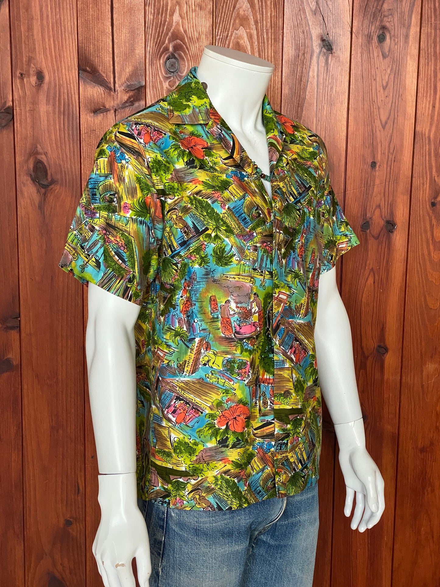Medium Size Vintage 60s Hawaiian Satin Cotton Shirt, Made in Hawaii for Diamond Head - Island Collectible