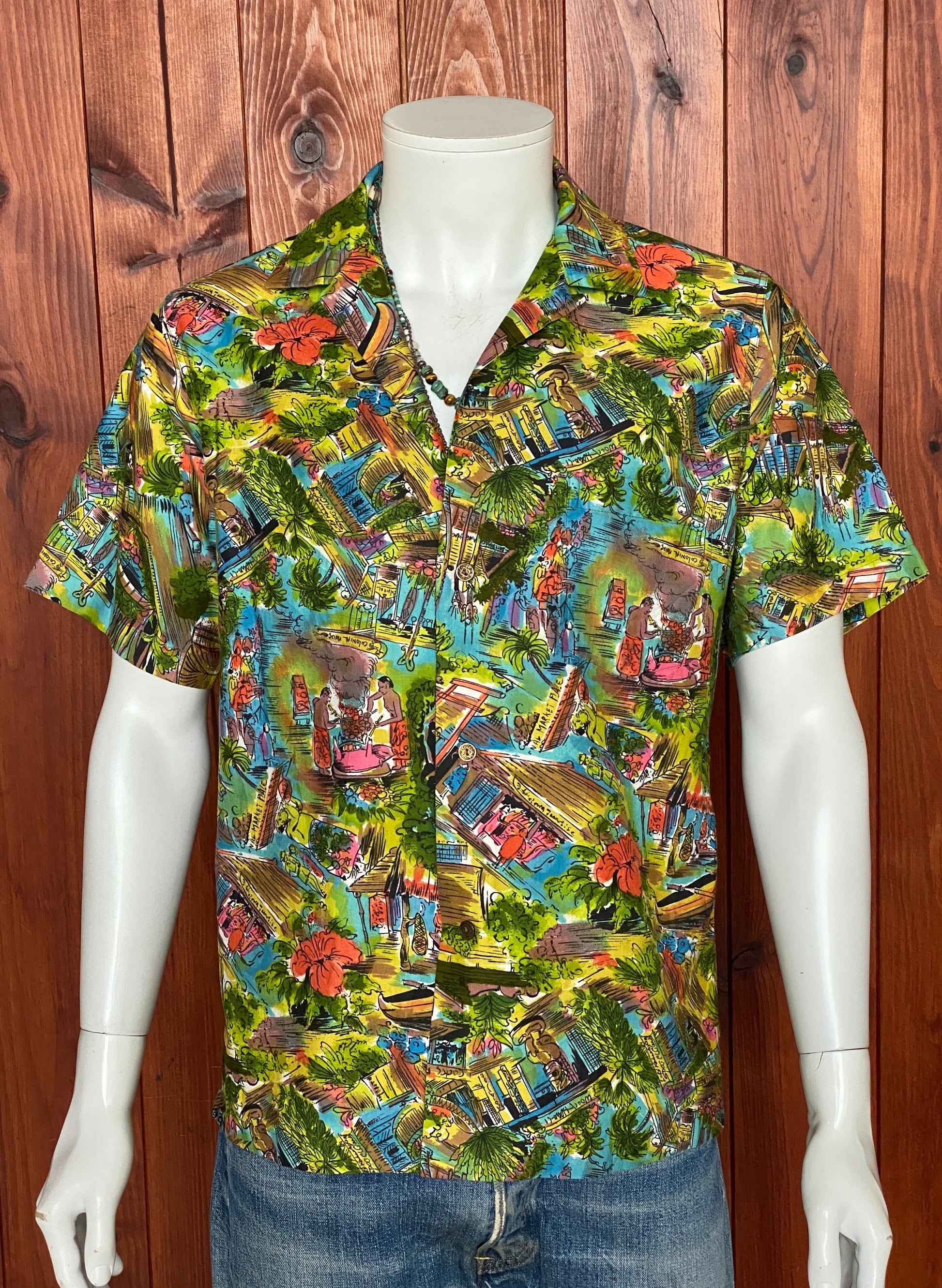 Medium Size Vintage 60s Hawaiian Satin Cotton Shirt, Made in Hawaii for Diamond Head - Island Collectible