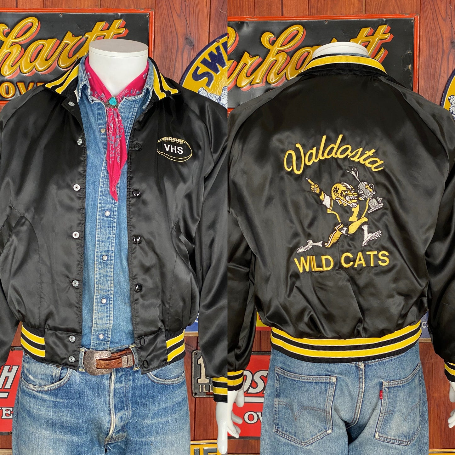 Vintage 80s football satin jacket made in USA, size medium - Retro style and durable craftsmanship for your wardrobe.