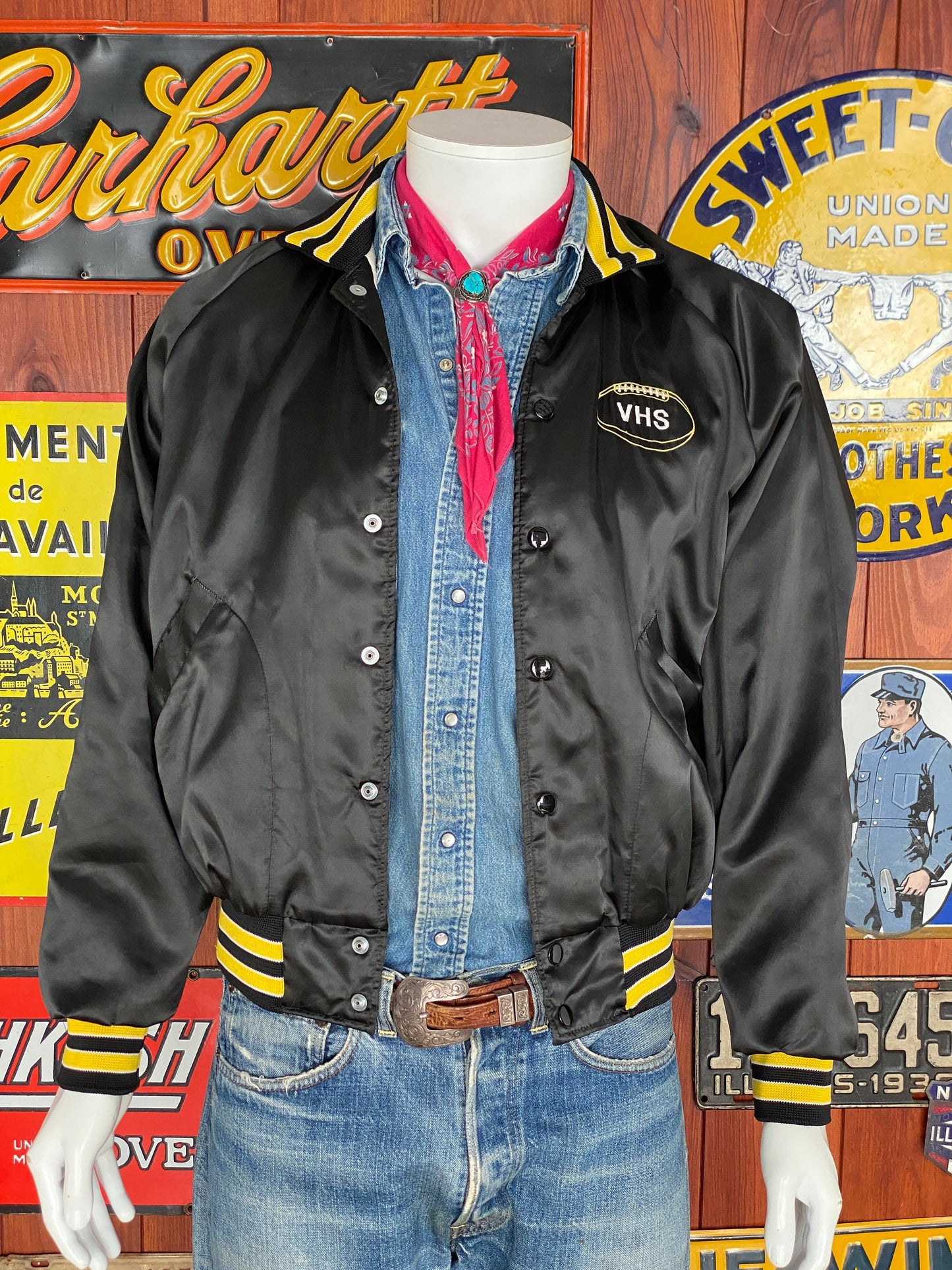 Vintage 80s football satin jacket made in USA, size medium - Retro style and durable craftsmanship for your wardrobe.