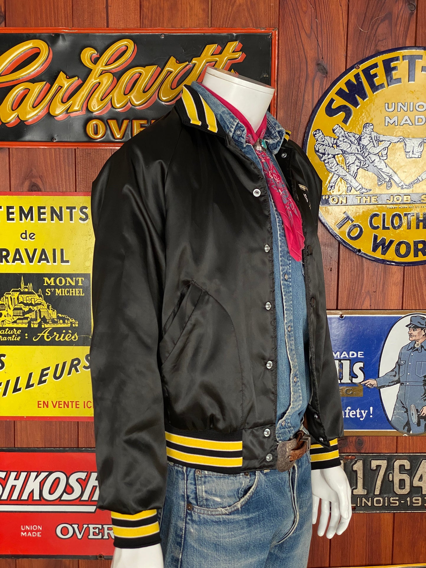 Vintage 80s football satin jacket made in USA, size medium - Retro style and durable craftsmanship for your wardrobe.