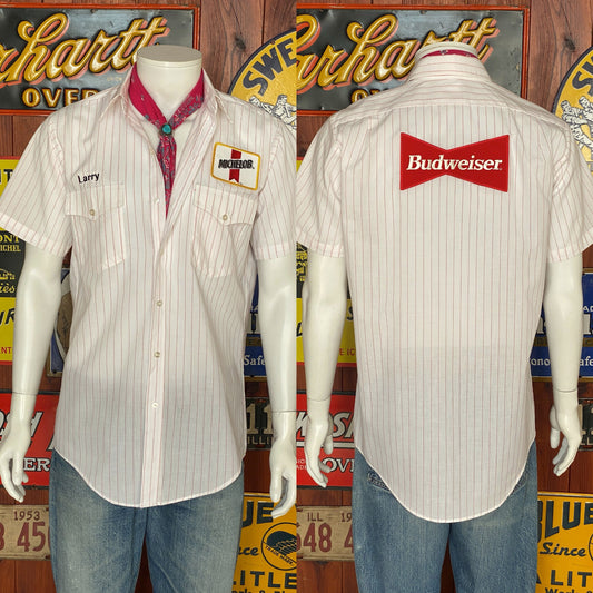 Vintage Budweiser work shirt made in USA, size medium - Like-new condition with timeless charm and quality craftsmanship.